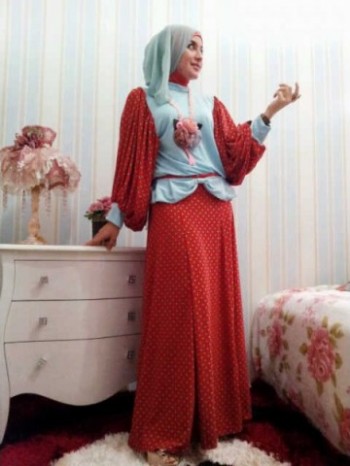 Baju muslim gamis marghon angle pitie polka merah-biru